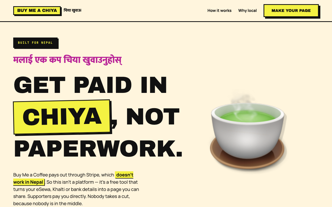 Buy Me a Chiya — a tip page generator for Nepal, showing the headline "Get paid in chiya, not paperwork"
