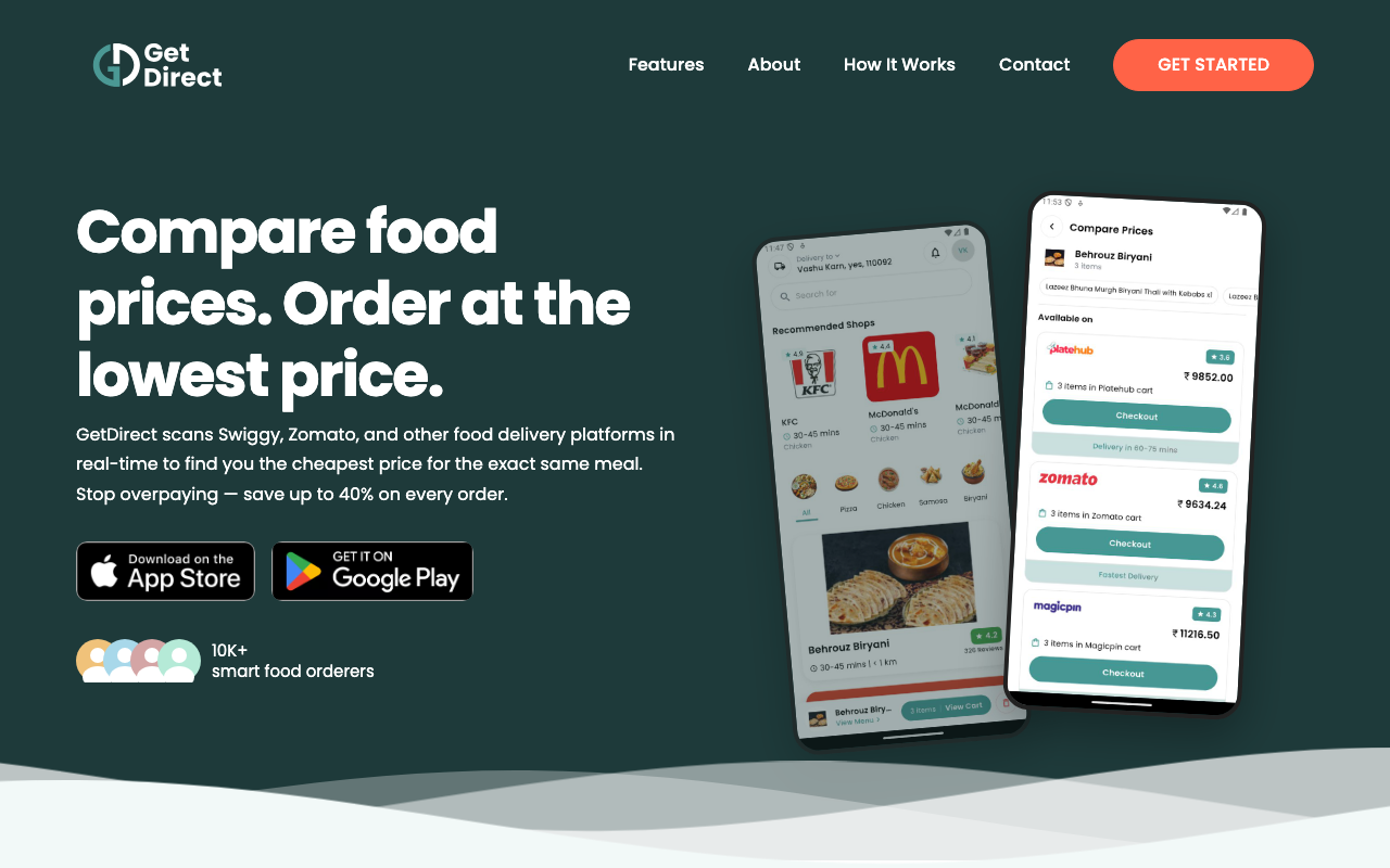GetDirect — real-time food-delivery price comparison across 200+ cities