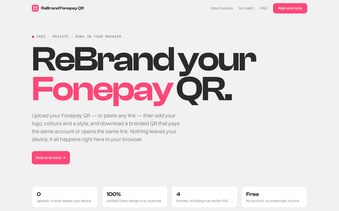 ReBrand Fonepay QR — the live site, headed "ReBrand your Fonepay QR", with a free, private, runs-in-your-browser badge